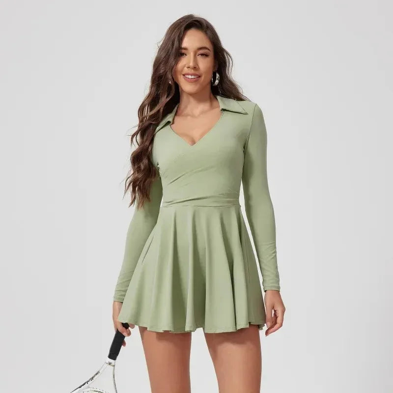 Tennis Dress One-Piece Jumpsuits Sports Fitness Golf Badminton Long-Sleeved Skorts Slim Tracksuits with Chest Pads Yoga Suits