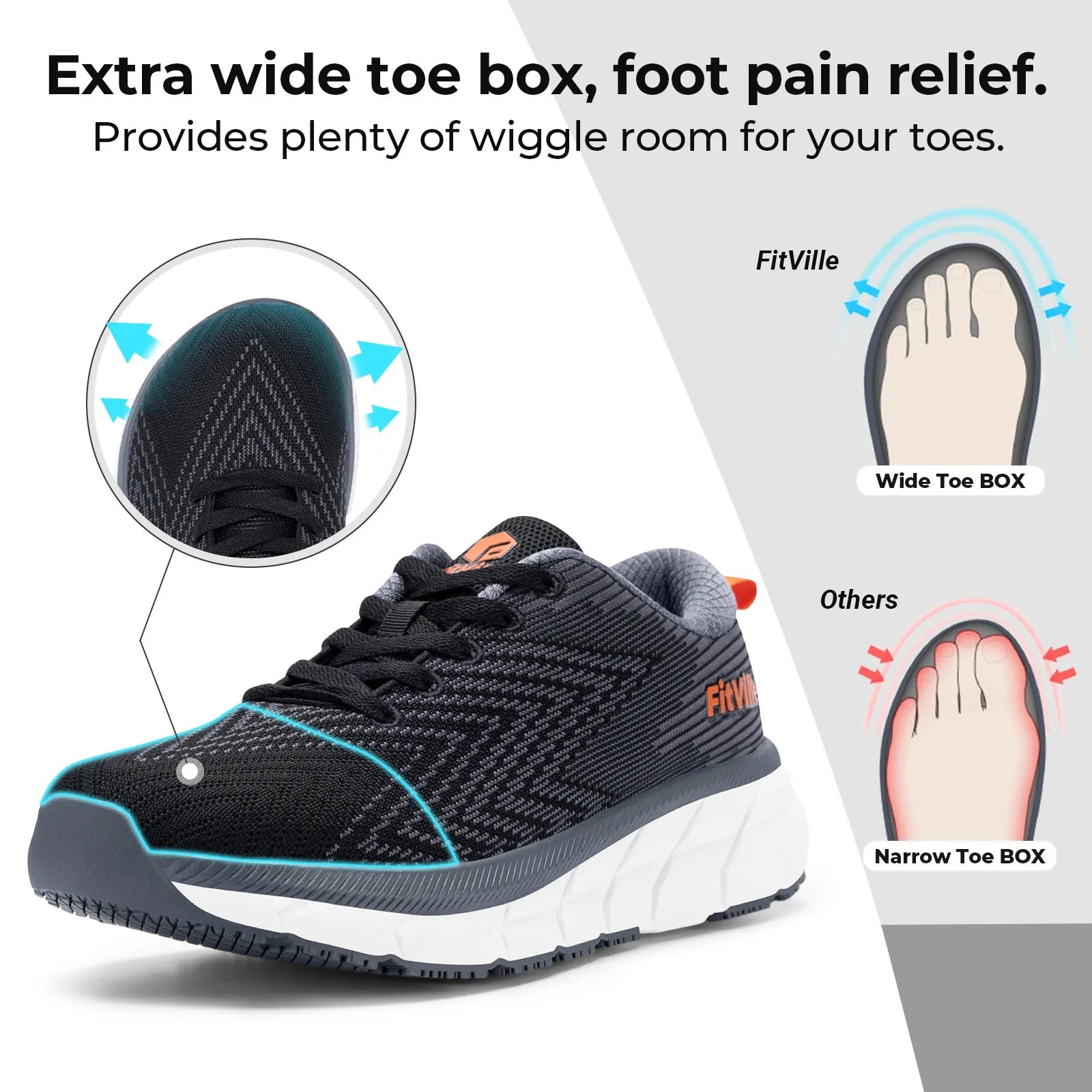 FitVille Men'S Shoes Wide Toe Box Cushioned Extra Wide Width Non Slip Running Shoe Comfortable Lightweight Sneakers For Fat Feet