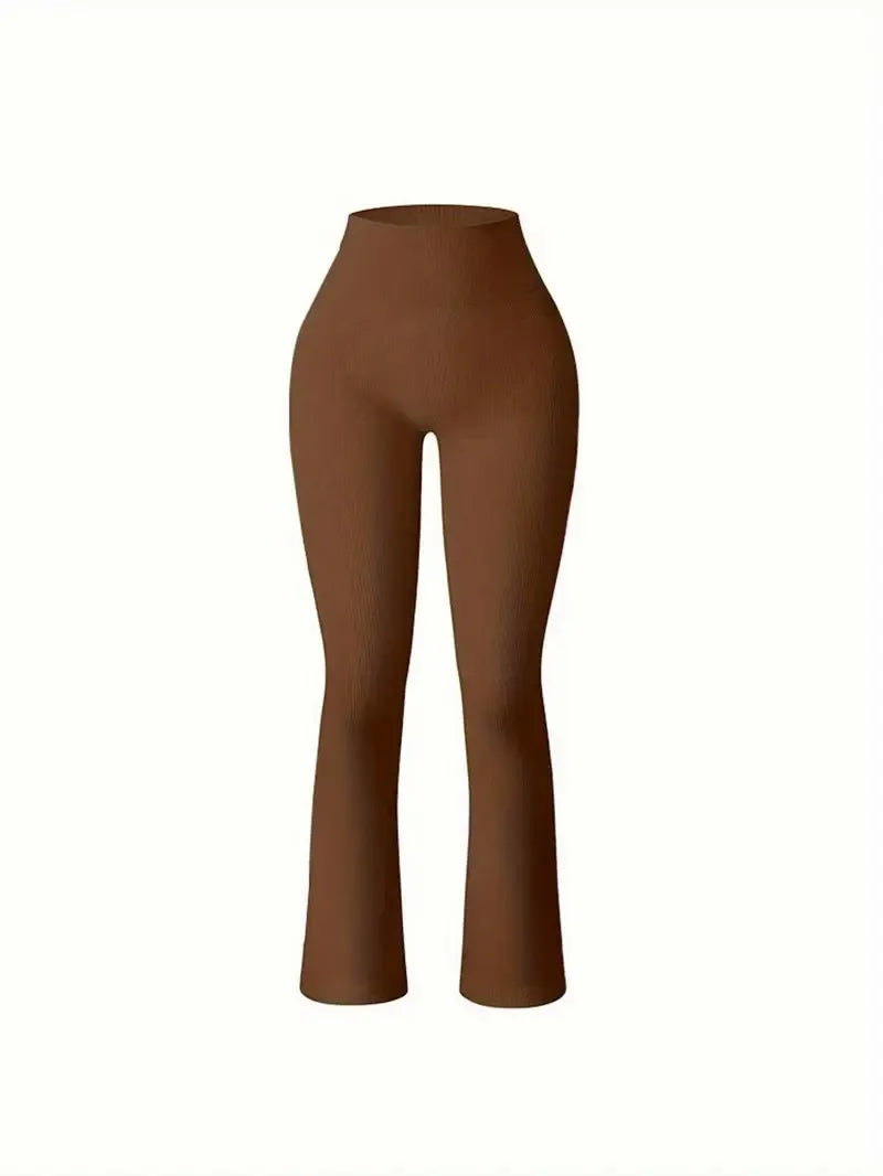 Solid Color Threaded Stretch Yoga Pants Women's High Waisted Flared Yoga Pants Comfortable Fitness and Running Athletic Casual