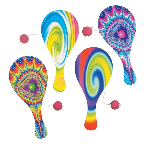 4Pcs Portable Kids Racket Ball Set Retro Wooden Paddles Paddle Ball Game Elastic String Psychedelic Wooden Paddles with Ball