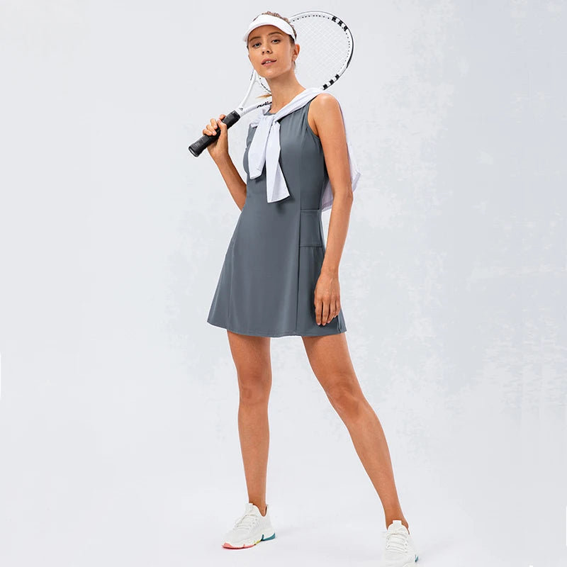 Tennis Dress Women With Separate Shorts Sleeveless Golf Sport Skirts Set with Pockets Training Running Fitness Female Badminton
