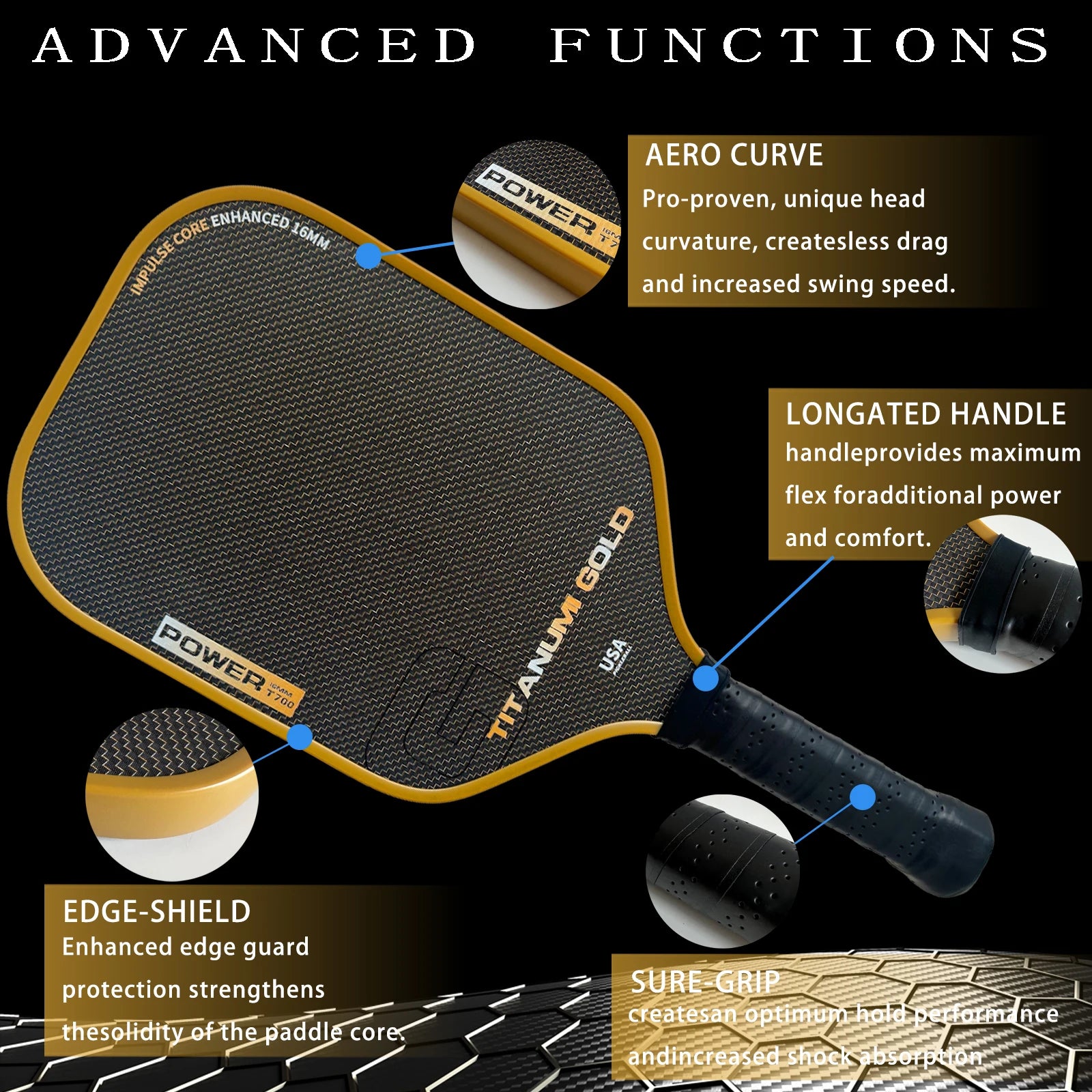 Titanium Pickleball Paddle with Four-Layer Carbon Fiber And PP Honeycomb Core Rough Frosted Cloth Surface for Enhanced Grip