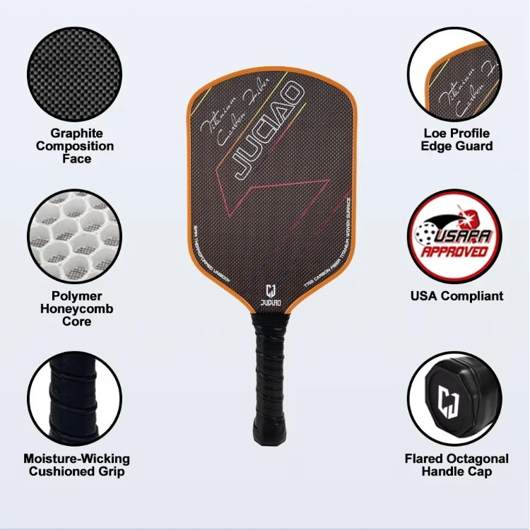 Carbon Fiber Orange Titanium Woven Surface Foam Build Edging Unibody Thermoformed Pickleball Paddle