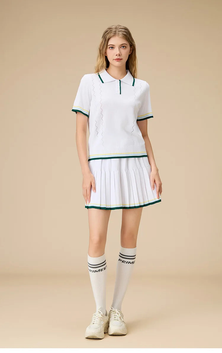 New 2pcs Tennis Clothing Set Women Knitted Polo Shirt Breathable Short Sleeve Golf Top Pleated Fitness Tennis Skort Sports Skirt