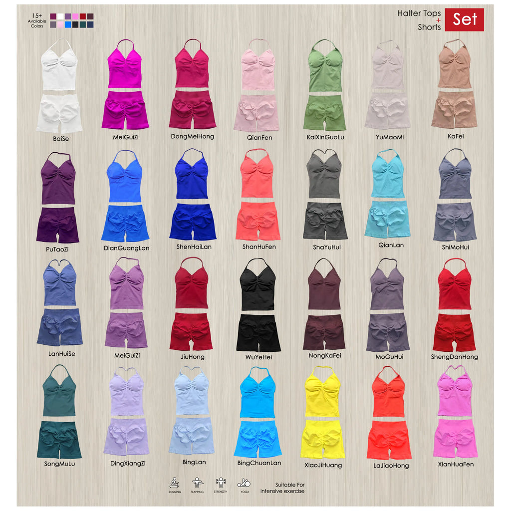 Yoga 2 Pieces Gym Set Women Backless Halter Tops High Waist Seamless Shorts Gym Suit Fitness Sports Bras Sportswear Workout Sets