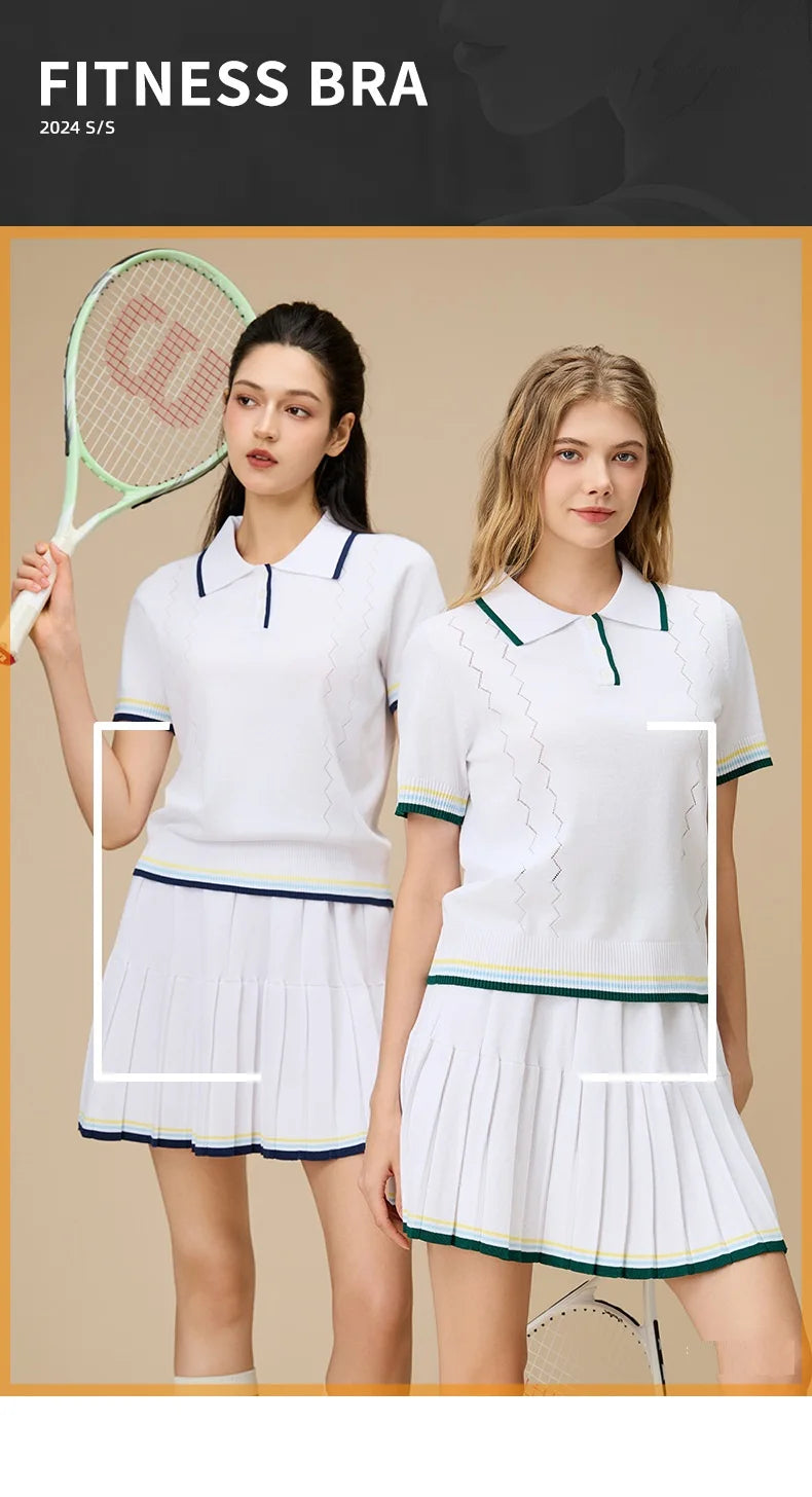 New 2pcs Tennis Clothing Set Women Knitted Polo Shirt Breathable Short Sleeve Golf Top Pleated Fitness Tennis Skort Sports Skirt