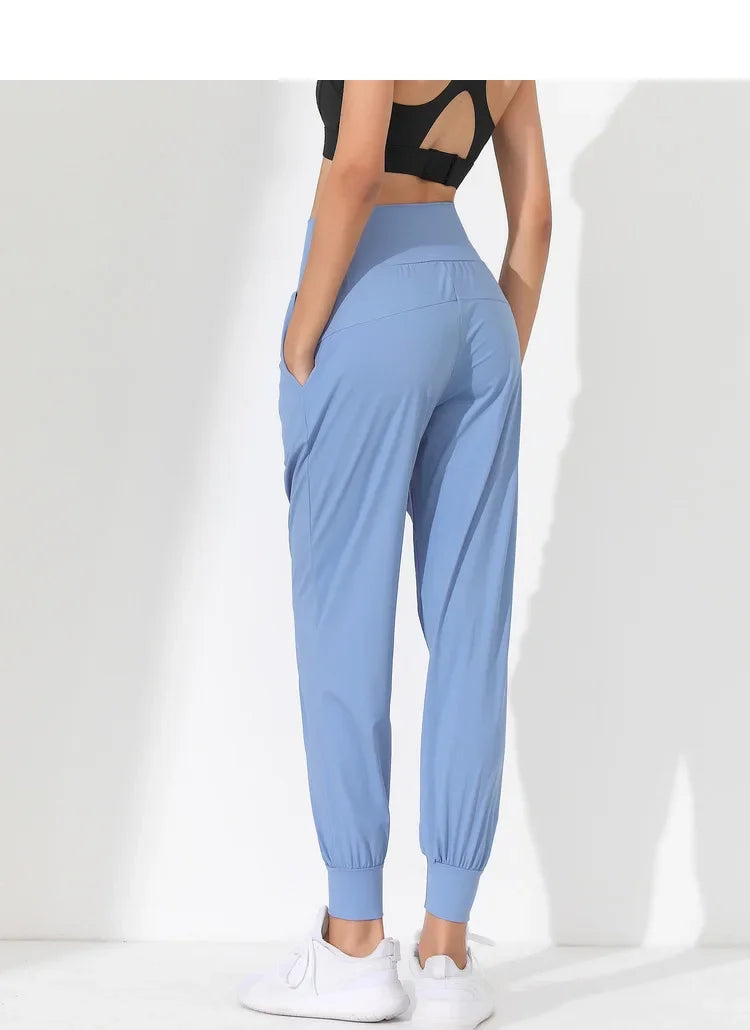 Yoga Pants Loose Slim Quick-Dry Yoga Pants Pleated Hem Bound Running Fitness Capris Pockets Jogging Pants Woman