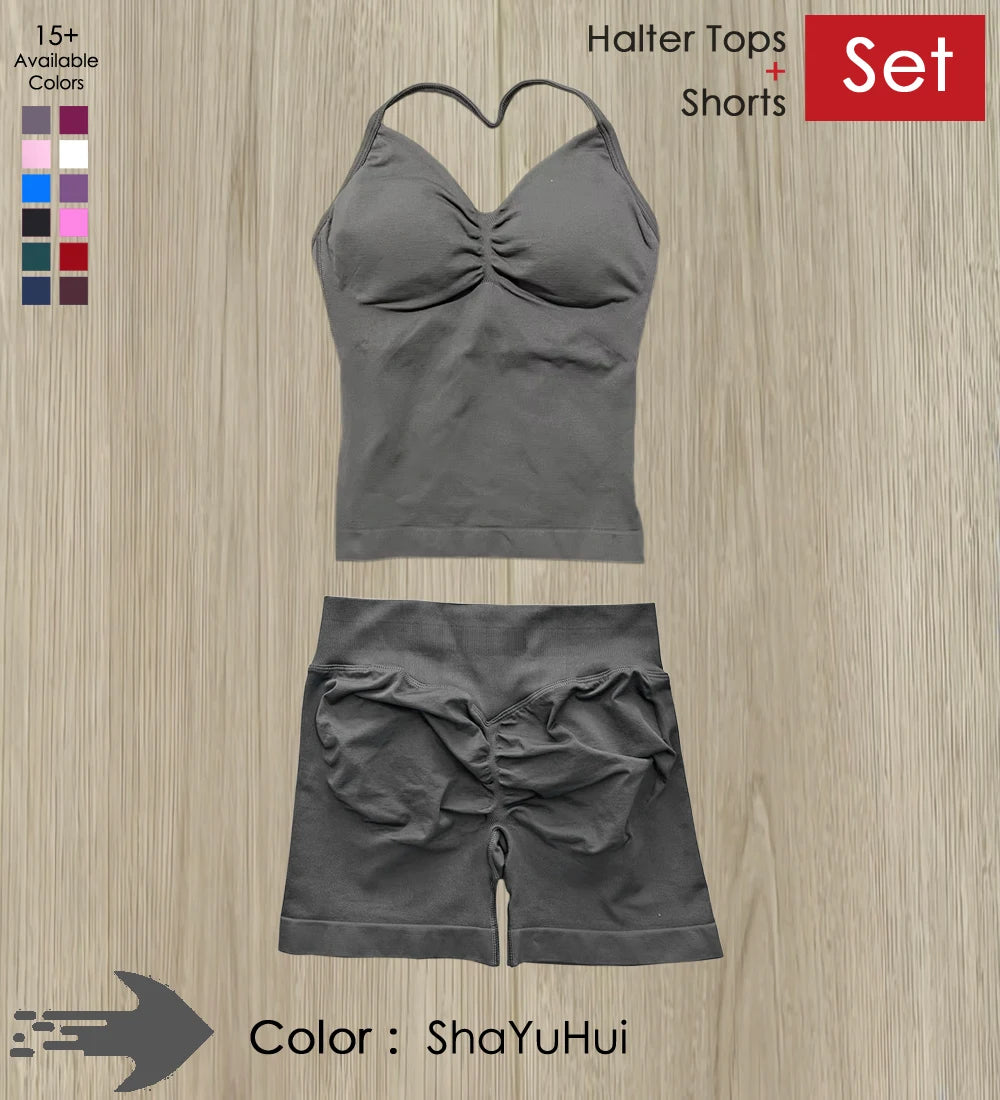Yoga 2 Pieces Gym Set Women Backless Halter Tops High Waist Seamless Shorts Gym Suit Fitness Sports Bras Sportswear Workout Sets