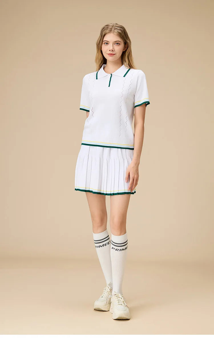 New 2pcs Tennis Clothing Set Women Knitted Polo Shirt Breathable Short Sleeve Golf Top Pleated Fitness Tennis Skort Sports Skirt