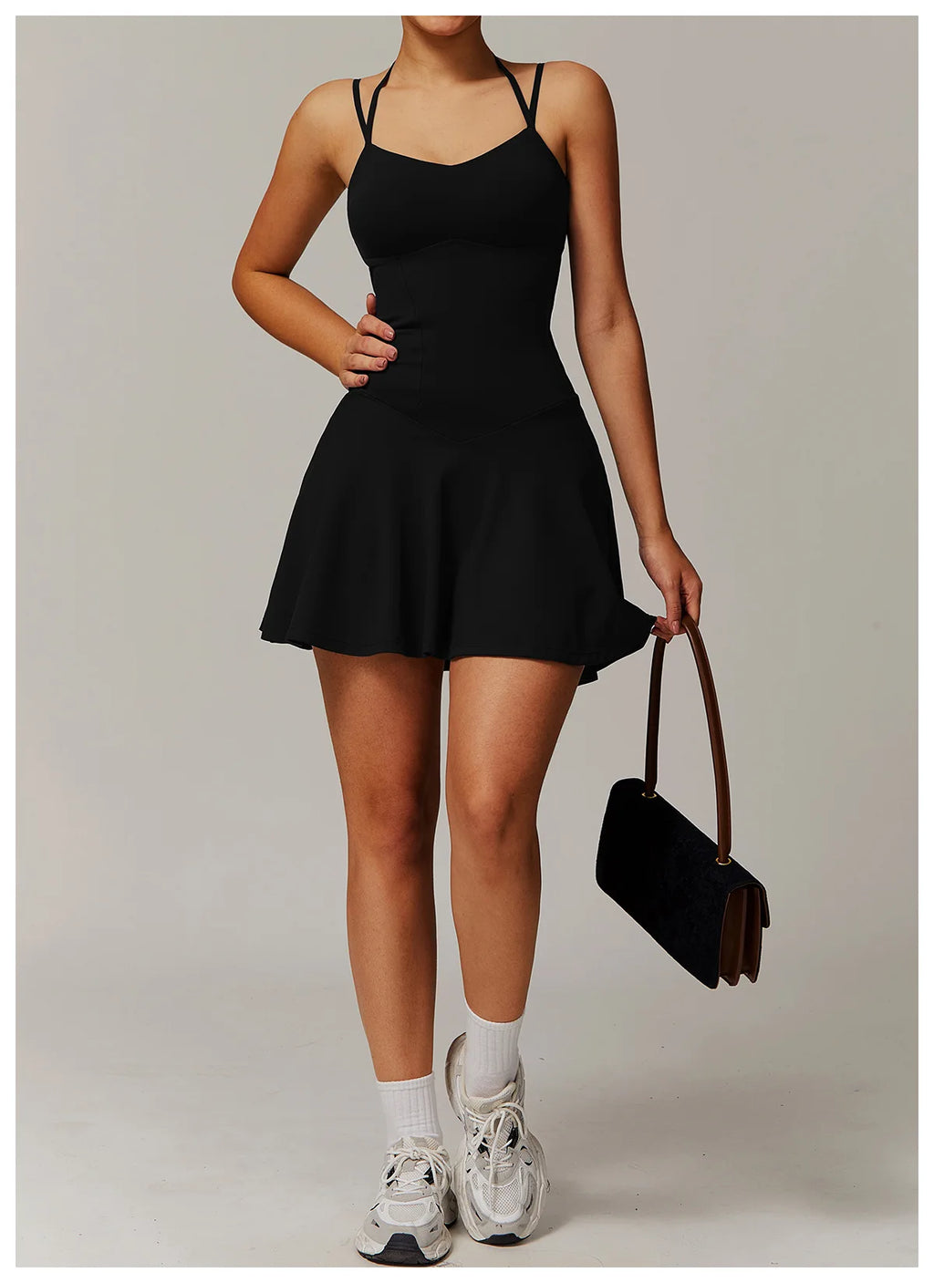 Tennis Dress with Shorts Underneath Pockets Strap Dress Sporting Tennis Outfit Women Gold Wear Sport Dresses Badminton Clothing