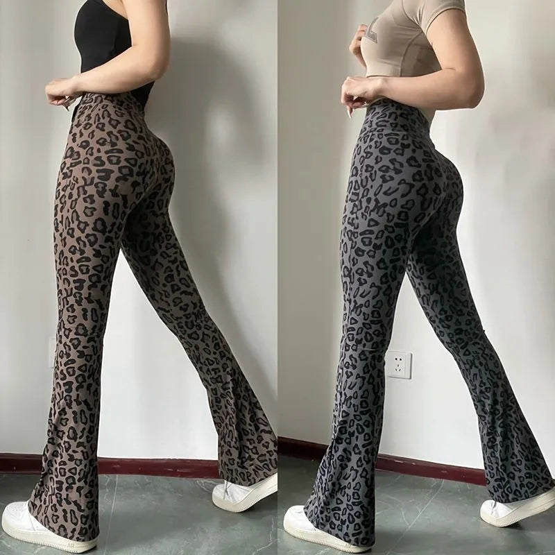 Leopard print yoga pants are breathable and make legs look longer. Slightly flared pants. High-waisted sports Pilates pants.