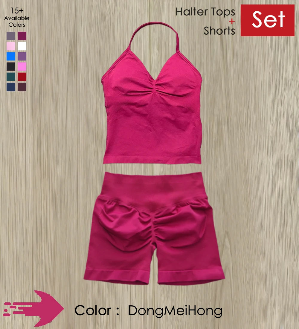 Yoga 2 Pieces Gym Set Women Backless Halter Tops High Waist Seamless Shorts Gym Suit Fitness Sports Bras Sportswear Workout Sets