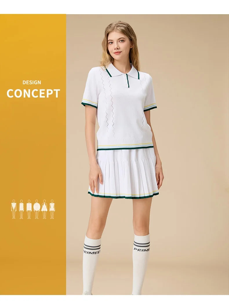 New 2pcs Tennis Clothing Set Women Knitted Polo Shirt Breathable Short Sleeve Golf Top Pleated Fitness Tennis Skort Sports Skirt