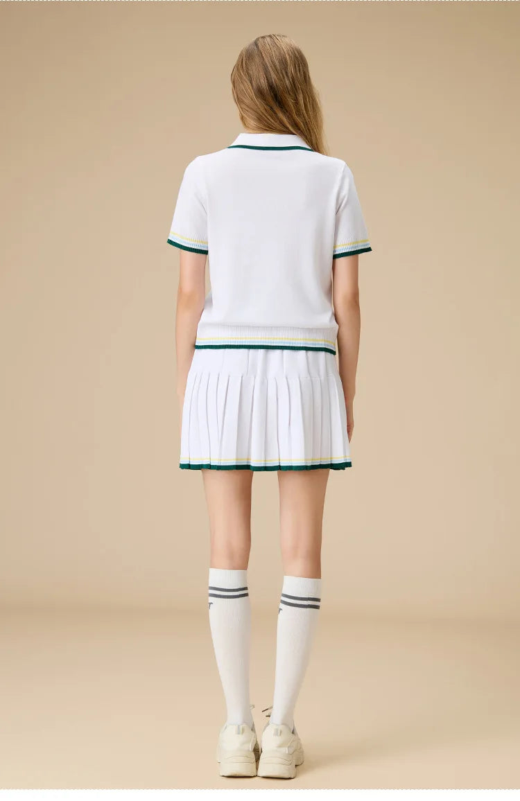 New 2pcs Tennis Clothing Set Women Knitted Polo Shirt Breathable Short Sleeve Golf Top Pleated Fitness Tennis Skort Sports Skirt
