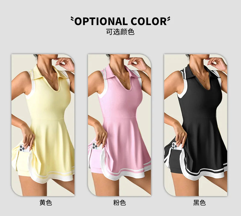 Tennis Dress with Shorts Pocket Woman Polo Collar Workout Active Golf Pickleball Clothes Breathable Casual Badminton Street