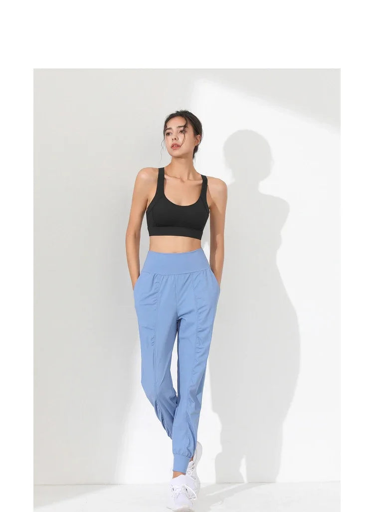 Yoga Pants Loose Slim Quick-Dry Yoga Pants Pleated Hem Bound Running Fitness Capris Pockets Jogging Pants Woman