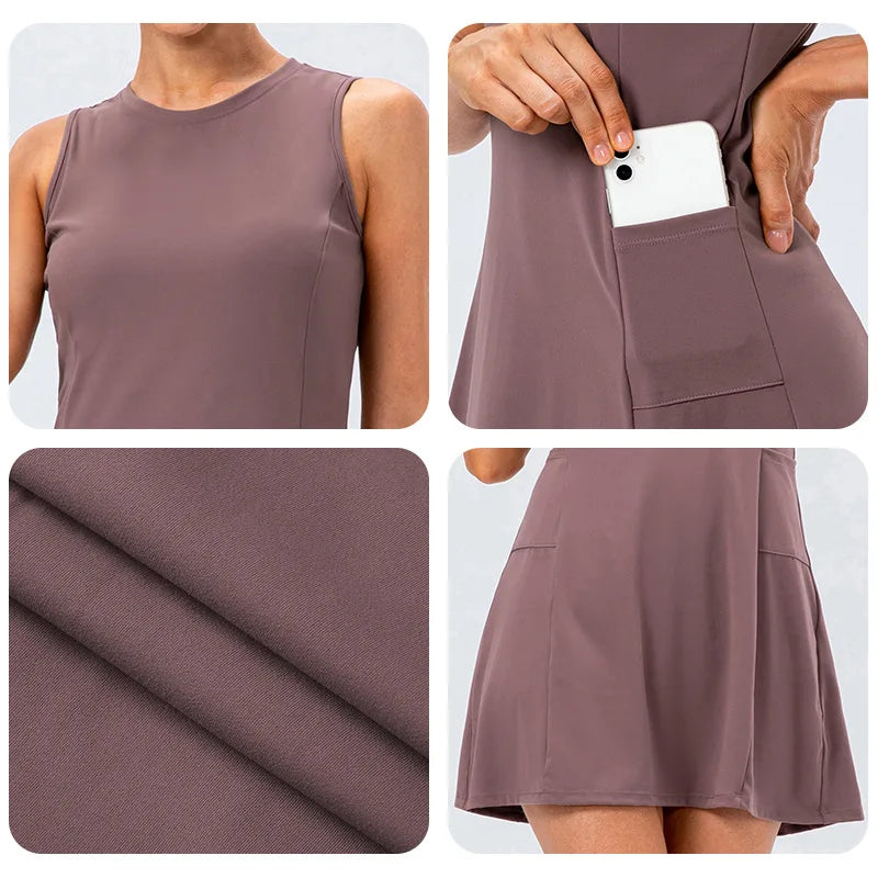 Tennis Dress Women With Separate Shorts Sleeveless Golf Sport Skirts Set with Pockets Training Running Fitness Female Badminton