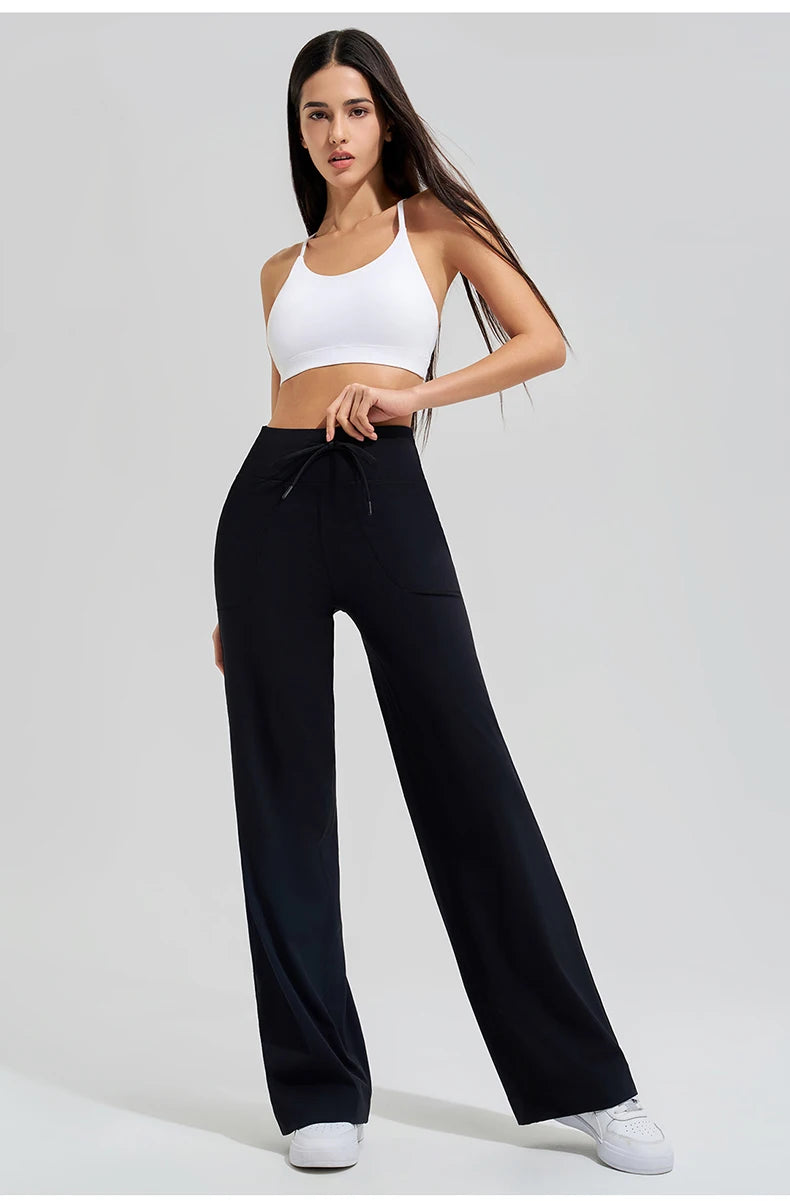 Women High Waist Yoga Pants Solid Color Loose Wide Leg Flared Trousers Breathable Quick Dry Gym Pants Female Workout Clothes