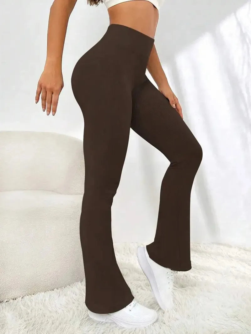 Solid Color Threaded Stretch Yoga Pants Women's High Waisted Flared Yoga Pants Comfortable Fitness and Running Athletic Casual