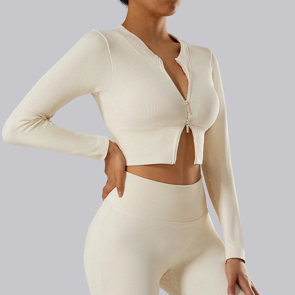 Yoga Shirt Woman Autumn Winter Ribbed Long Sleeve Sports Top Running Training Fitness Top Shockproof Zipper Yoga Tops Women