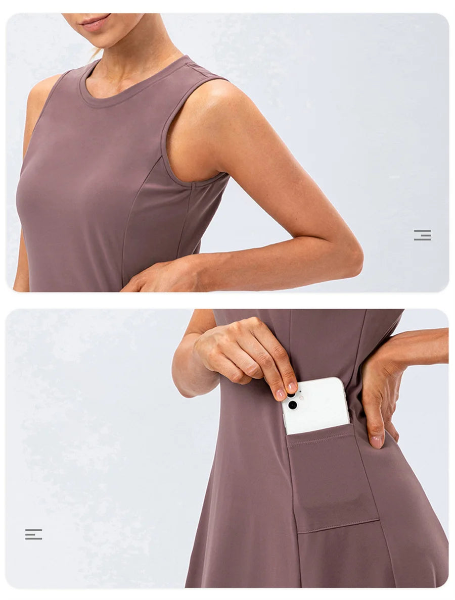 Tennis Dress Women With Separate Shorts Sleeveless Golf Sport Skirts Set with Pockets Training Running Fitness Female Badminton