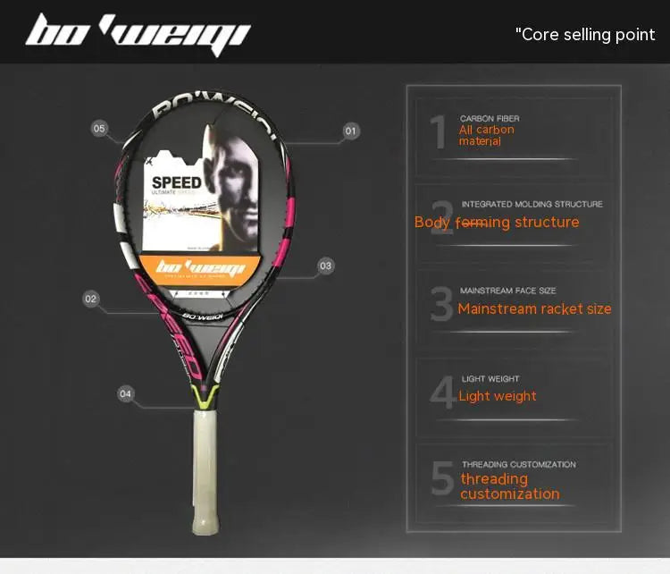 Popovich-Genuine Carbon Fiber All Carbon Single Tennis Racket Set for Men and Women, Professional Beginner