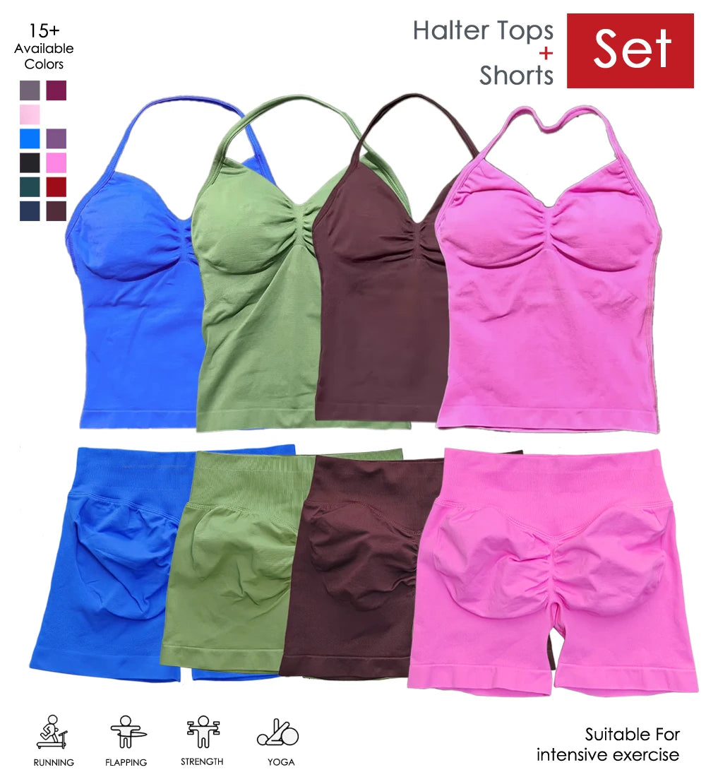 Yoga 2 Pieces Gym Set Women Backless Halter Tops High Waist Seamless Shorts Gym Suit Fitness Sports Bras Sportswear Workout Sets