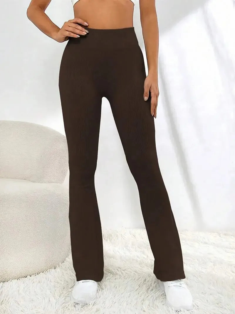 Solid Color Threaded Stretch Yoga Pants Women's High Waisted Flared Yoga Pants Comfortable Fitness and Running Athletic Casual