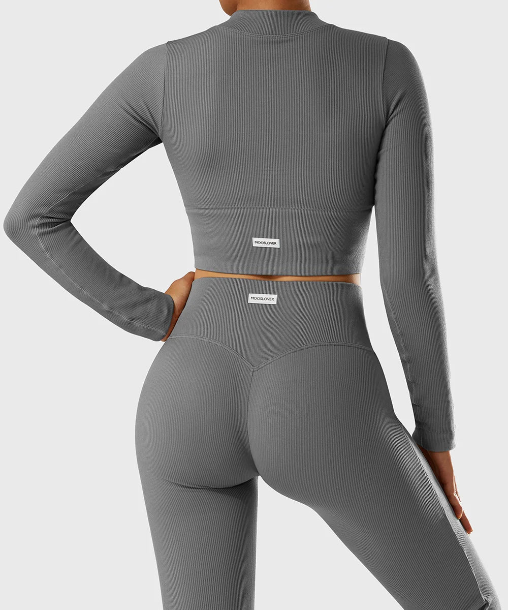 Yoga Shirt Woman Autumn Winter Ribbed Long Sleeve Sports Top Running Training Fitness Top Shockproof Zipper Yoga Tops Women