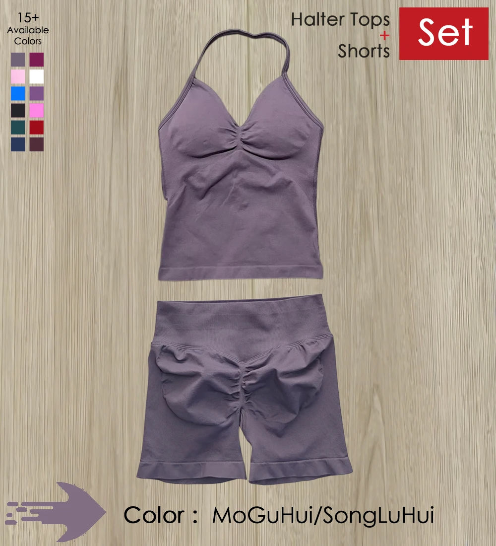 Yoga 2 Pieces Gym Set Women Backless Halter Tops High Waist Seamless Shorts Gym Suit Fitness Sports Bras Sportswear Workout Sets