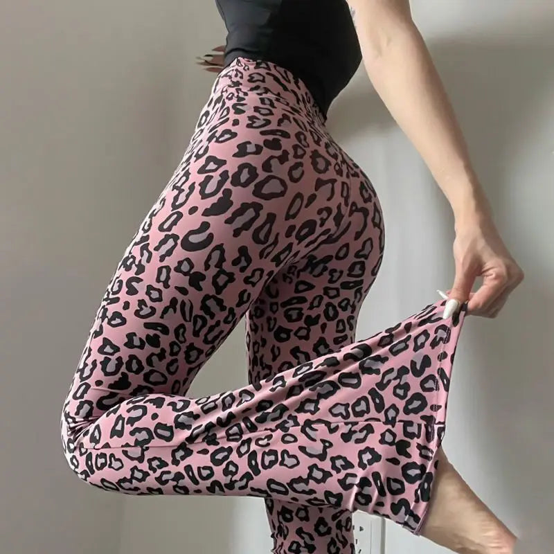 Leopard print yoga pants are breathable and make legs look longer. Slightly flared pants. High-waisted sports Pilates pants.