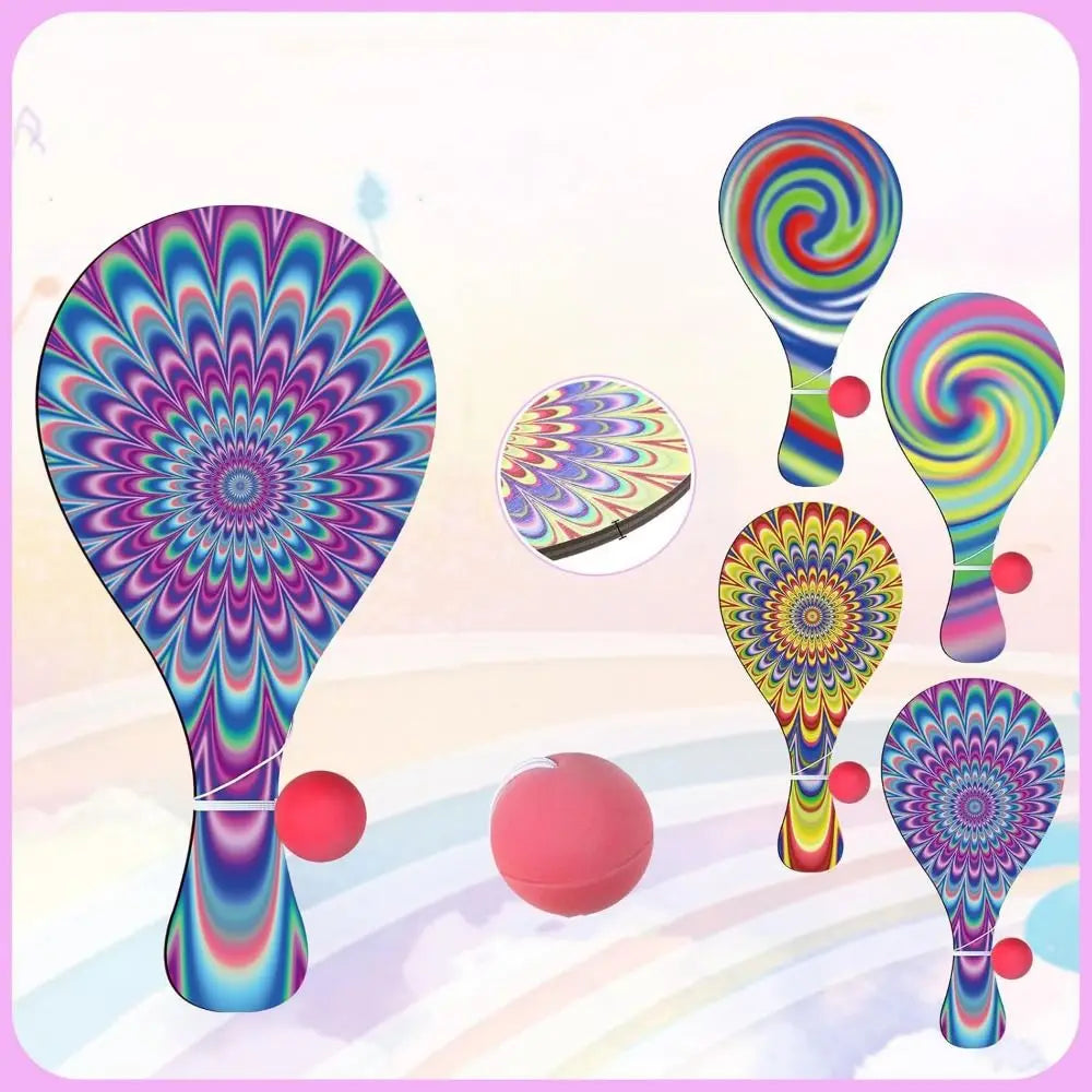 4Pcs Portable Kids Racket Ball Set Retro Wooden Paddles Paddle Ball Game Elastic String Psychedelic Wooden Paddles with Ball