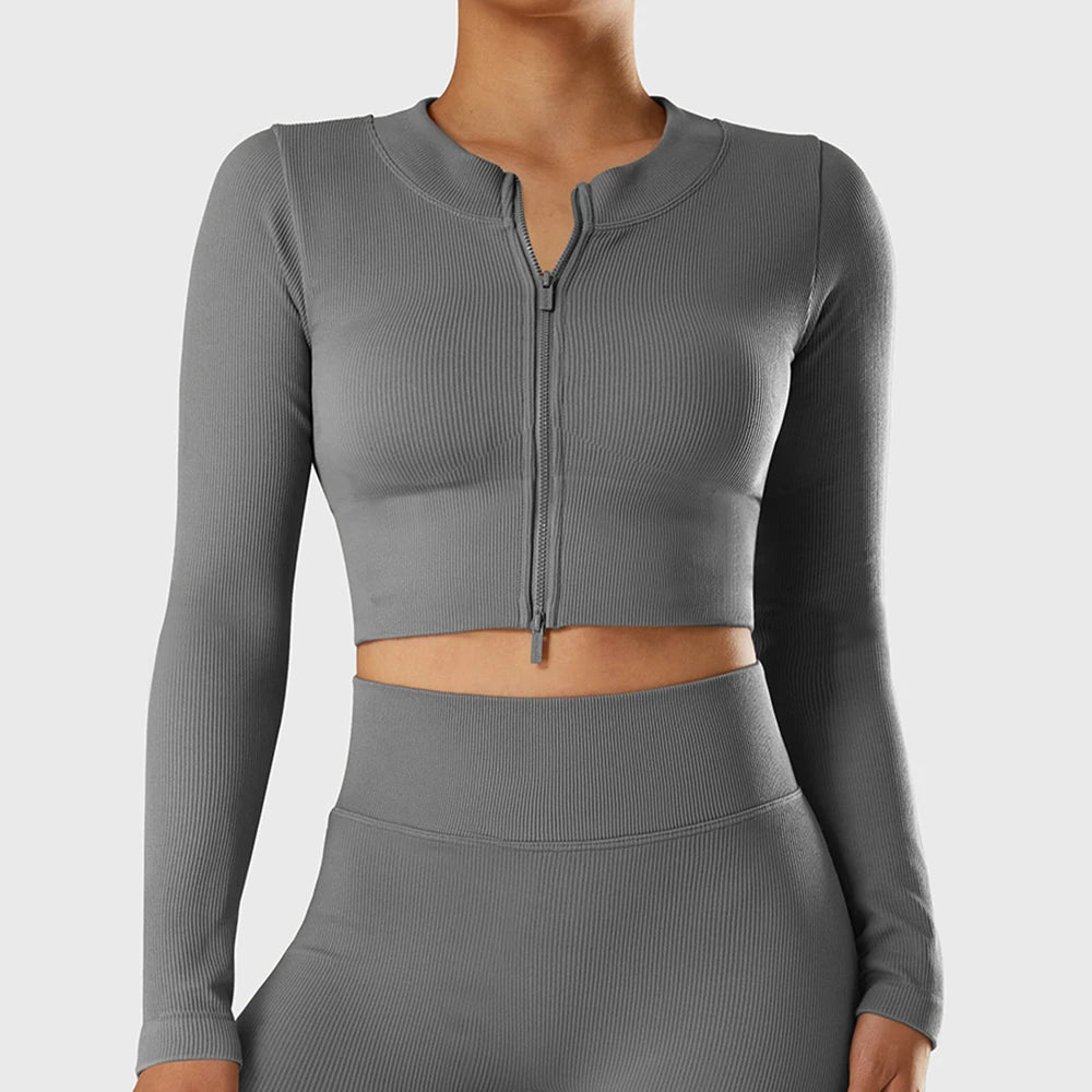 Yoga Shirt Woman Autumn Winter Ribbed Long Sleeve Sports Top Running Training Fitness Top Shockproof Zipper Yoga Tops Women