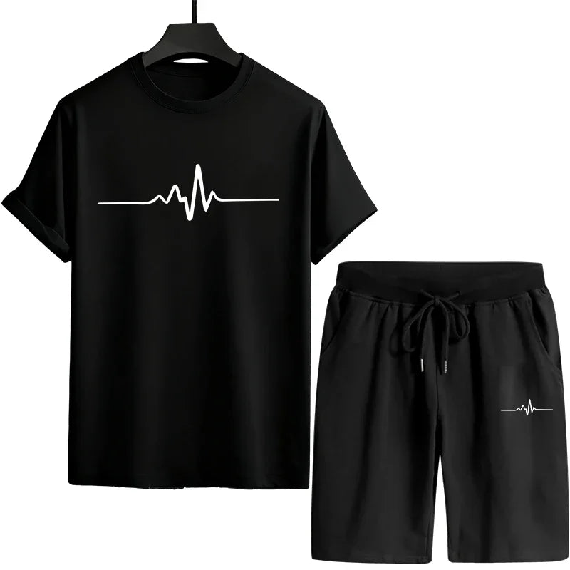 Men's T-shirt sports outfit with print, casual wear for outdoor gym, jogging, street clothing, summer T-shirt shorts