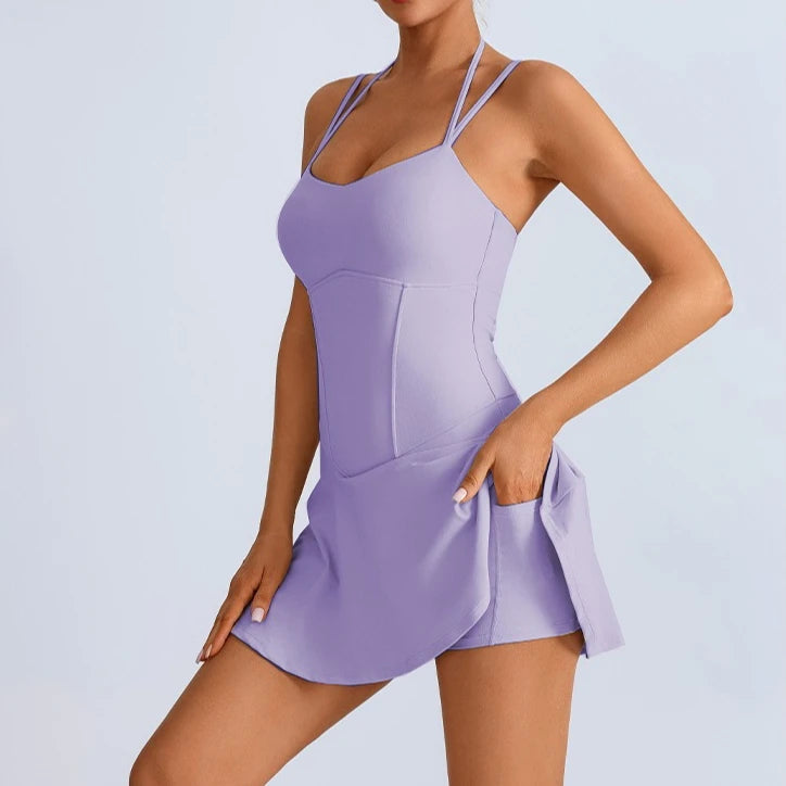 Tennis Dress with Shorts Underneath Pockets Strap Dress Sporting Tennis Outfit Women Gold Wear Sport Dresses Badminton Clothing