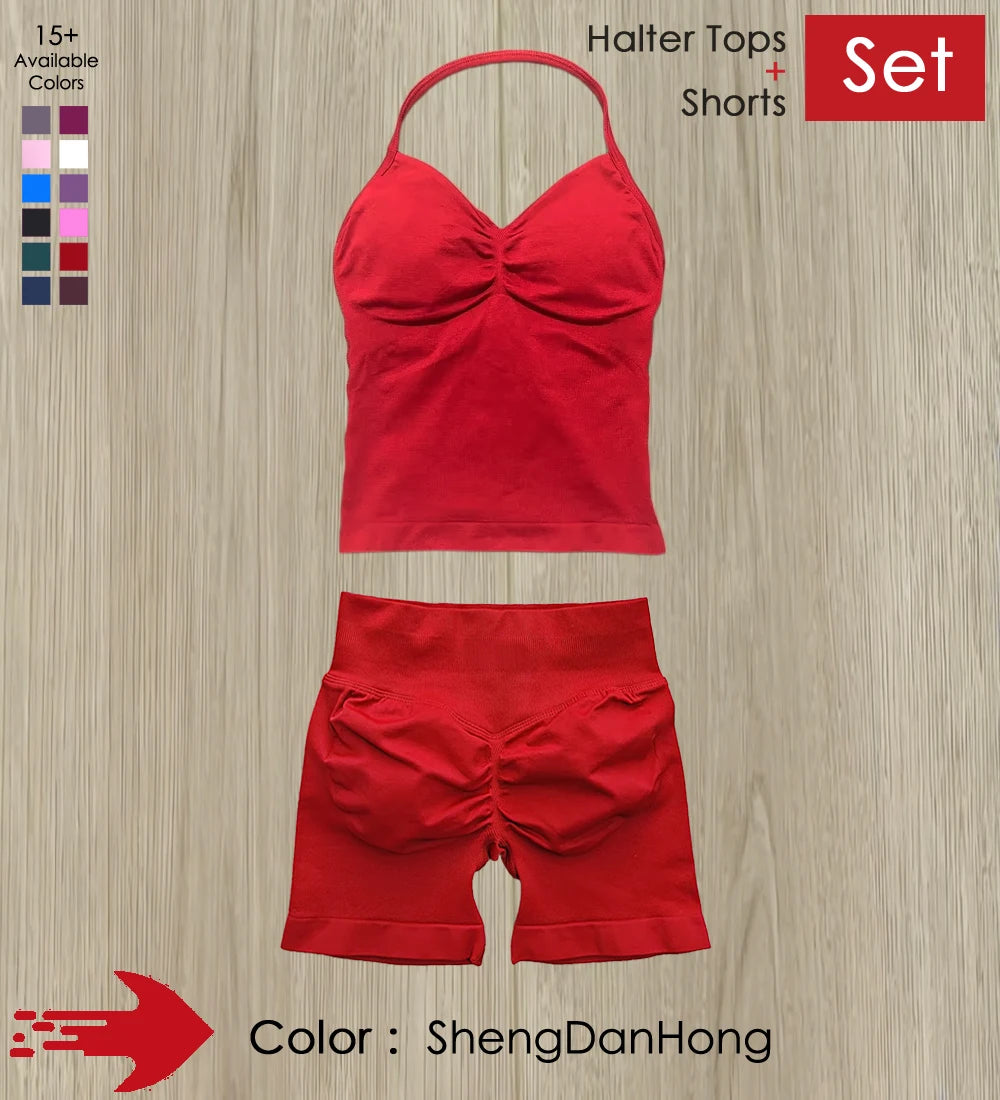 Yoga 2 Pieces Gym Set Women Backless Halter Tops High Waist Seamless Shorts Gym Suit Fitness Sports Bras Sportswear Workout Sets