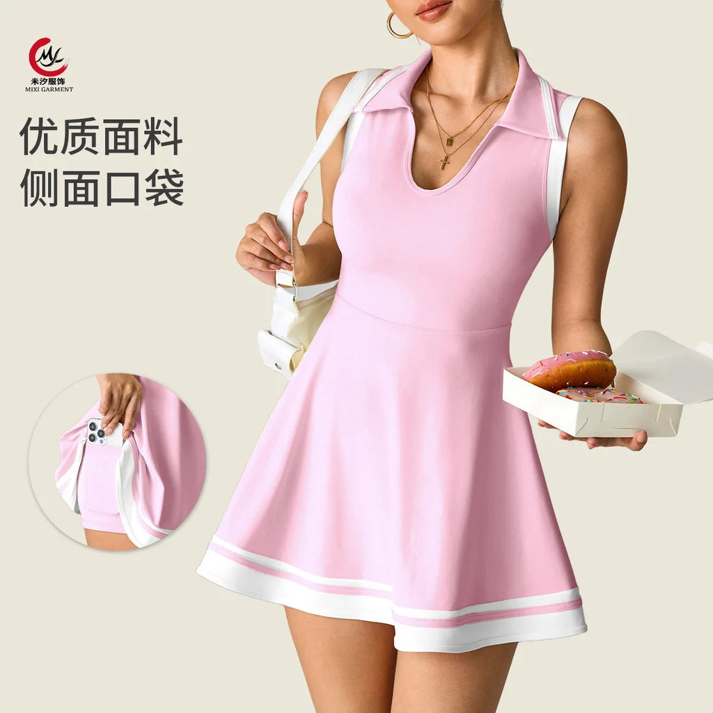 Tennis Dress with Shorts Pocket Woman Polo Collar Workout Active Golf Pickleball Clothes Breathable Casual Badminton Street
