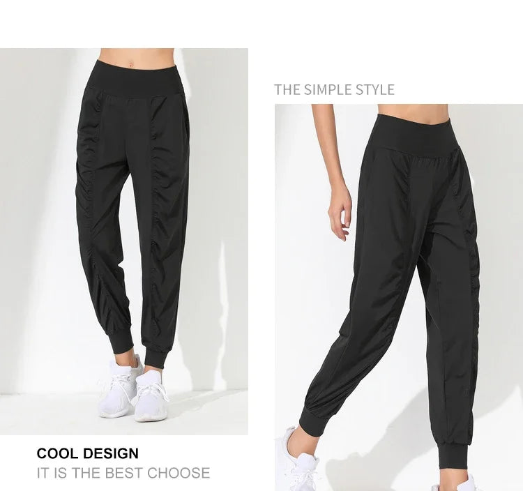 Yoga Pants Loose Slim Quick-Dry Yoga Pants Pleated Hem Bound Running Fitness Capris Pockets Jogging Pants Woman