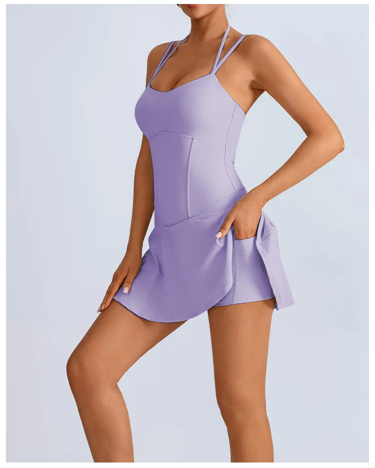 Tennis Dress with Shorts Underneath Pockets Strap Dress Sporting Tennis Outfit Women Gold Wear Sport Dresses Badminton Clothing