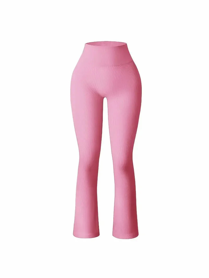 Solid Color Threaded Stretch Yoga Pants Women's High Waisted Flared Yoga Pants Comfortable Fitness and Running Athletic Casual