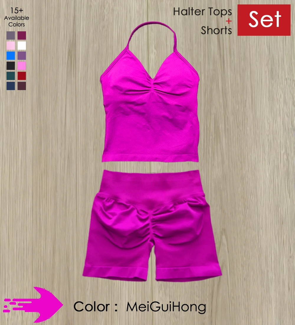 Yoga 2 Pieces Gym Set Women Backless Halter Tops High Waist Seamless Shorts Gym Suit Fitness Sports Bras Sportswear Workout Sets