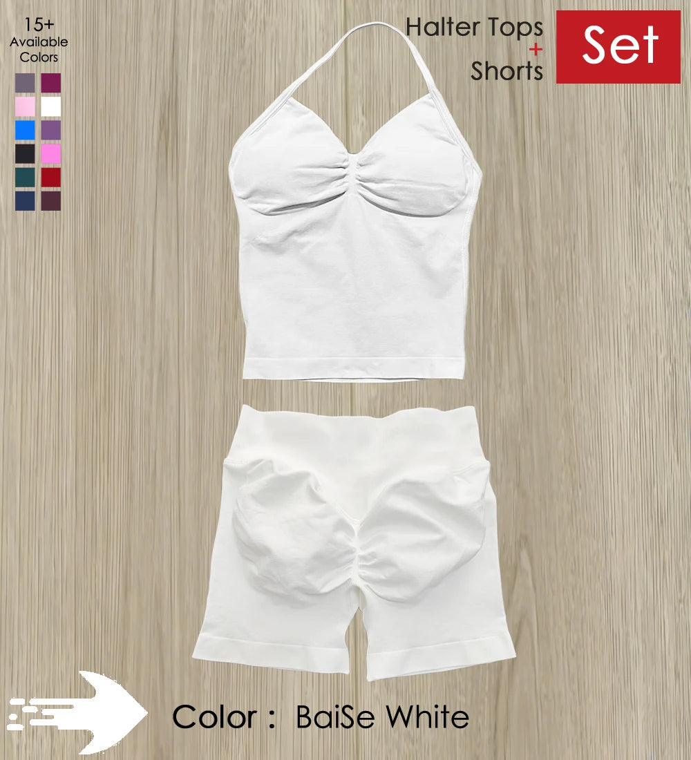 Yoga 2 Pieces Gym Set Women Backless Halter Tops High Waist Seamless Shorts Gym Suit Fitness Sports Bras Sportswear Workout Sets