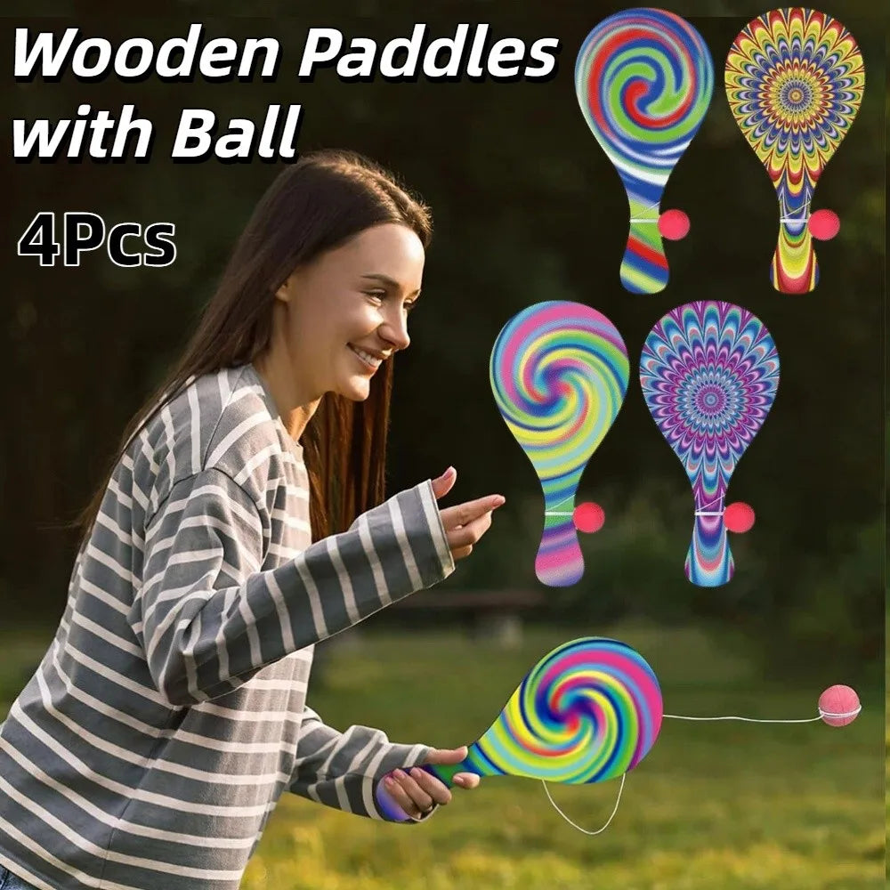 4Pcs Portable Kids Racket Ball Set Retro Wooden Paddles Paddle Ball Game Elastic String Psychedelic Wooden Paddles with Ball