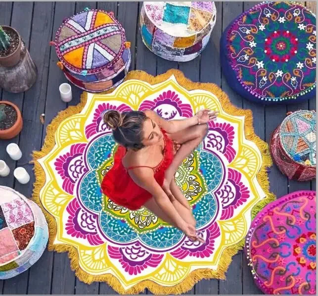 Yoga Mat Chakra Beach Towel Tassel Toalla Mandala Tapestry Sunblock Round Cover-Up Bath Towel Lotus Bohemian  150cm