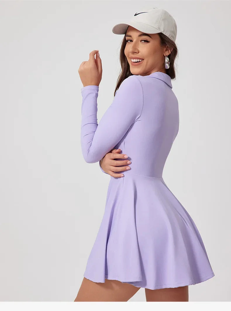 Tennis Dress One-Piece Jumpsuits Sports Fitness Golf Badminton Long-Sleeved Skorts Slim Tracksuits with Chest Pads Yoga Suits