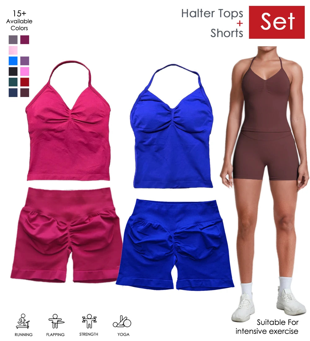 Yoga 2 Pieces Gym Set Women Backless Halter Tops High Waist Seamless Shorts Gym Suit Fitness Sports Bras Sportswear Workout Sets