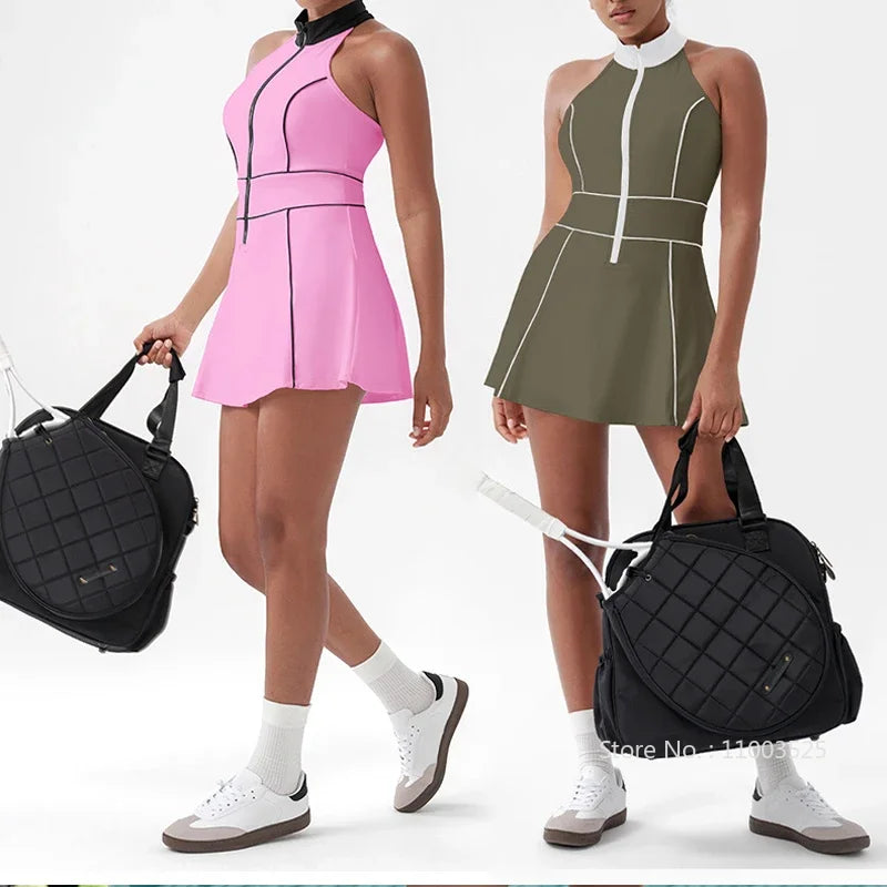 Women Tennis Dress with Shorts Contrast Color Gym Sports Dresses Zipper Stand Collar Yoga Casual Skirt Workout Athletic Skort