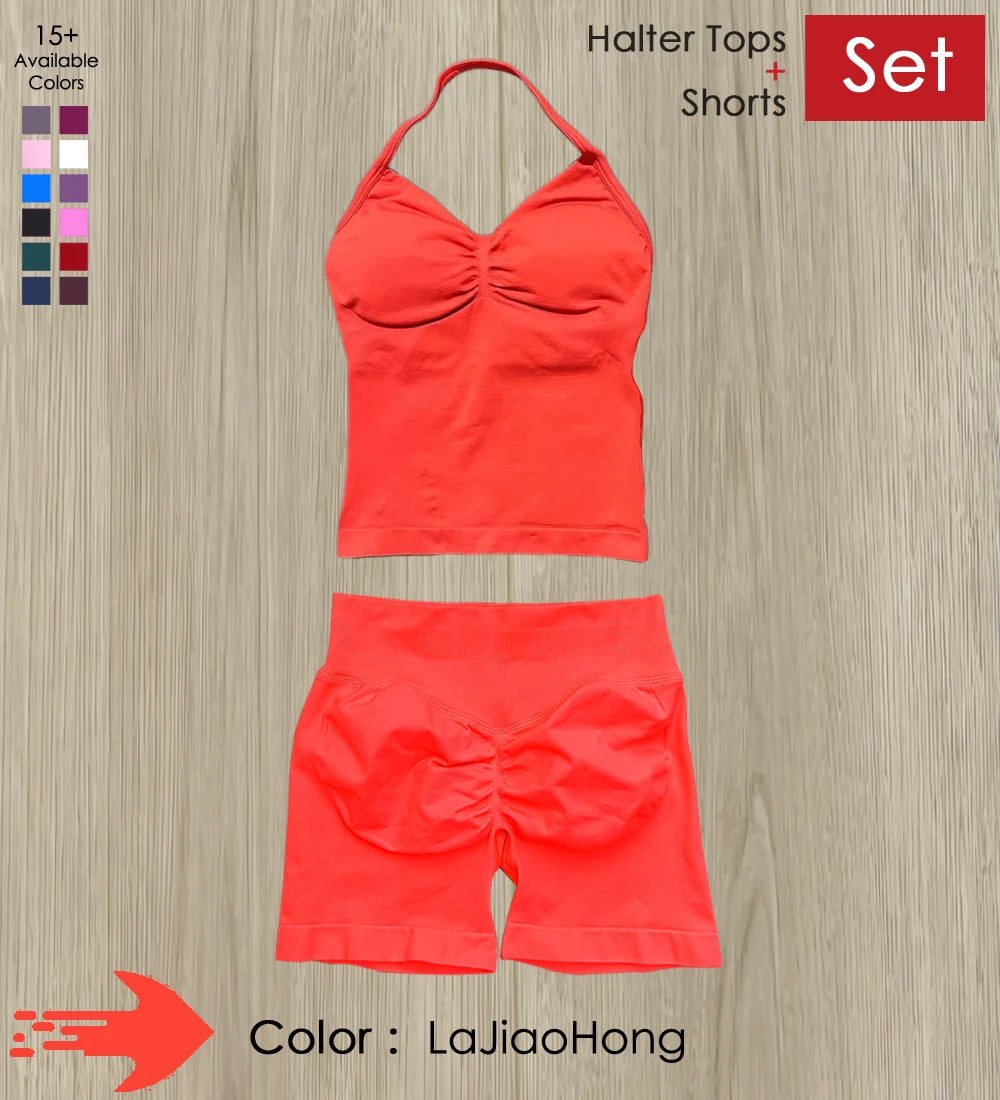 Yoga 2 Pieces Gym Set Women Backless Halter Tops High Waist Seamless Shorts Gym Suit Fitness Sports Bras Sportswear Workout Sets
