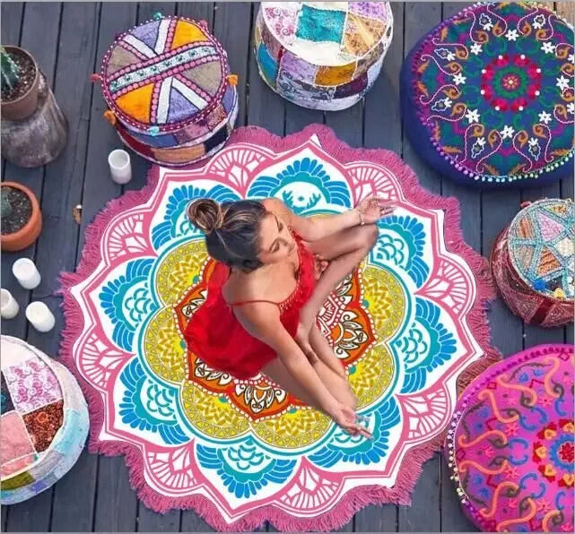 Yoga Mat Chakra Beach Towel Tassel Toalla Mandala Tapestry Sunblock Round Cover-Up Bath Towel Lotus Bohemian  150cm