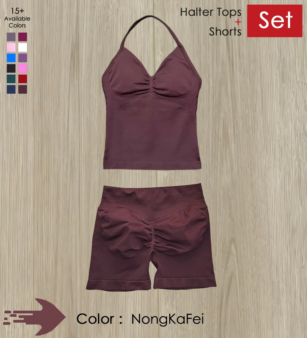 Yoga 2 Pieces Gym Set Women Backless Halter Tops High Waist Seamless Shorts Gym Suit Fitness Sports Bras Sportswear Workout Sets